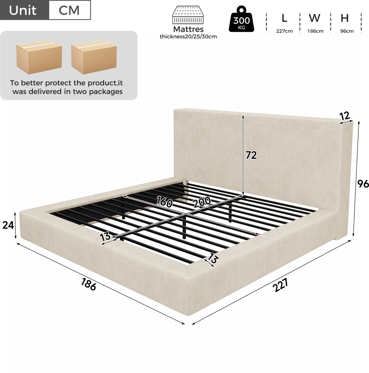 Gestoffeerd bed-Tweepersoonsbed-160 x 200 cm-Met hoofdbord-Gepolstert-Beige Chenille