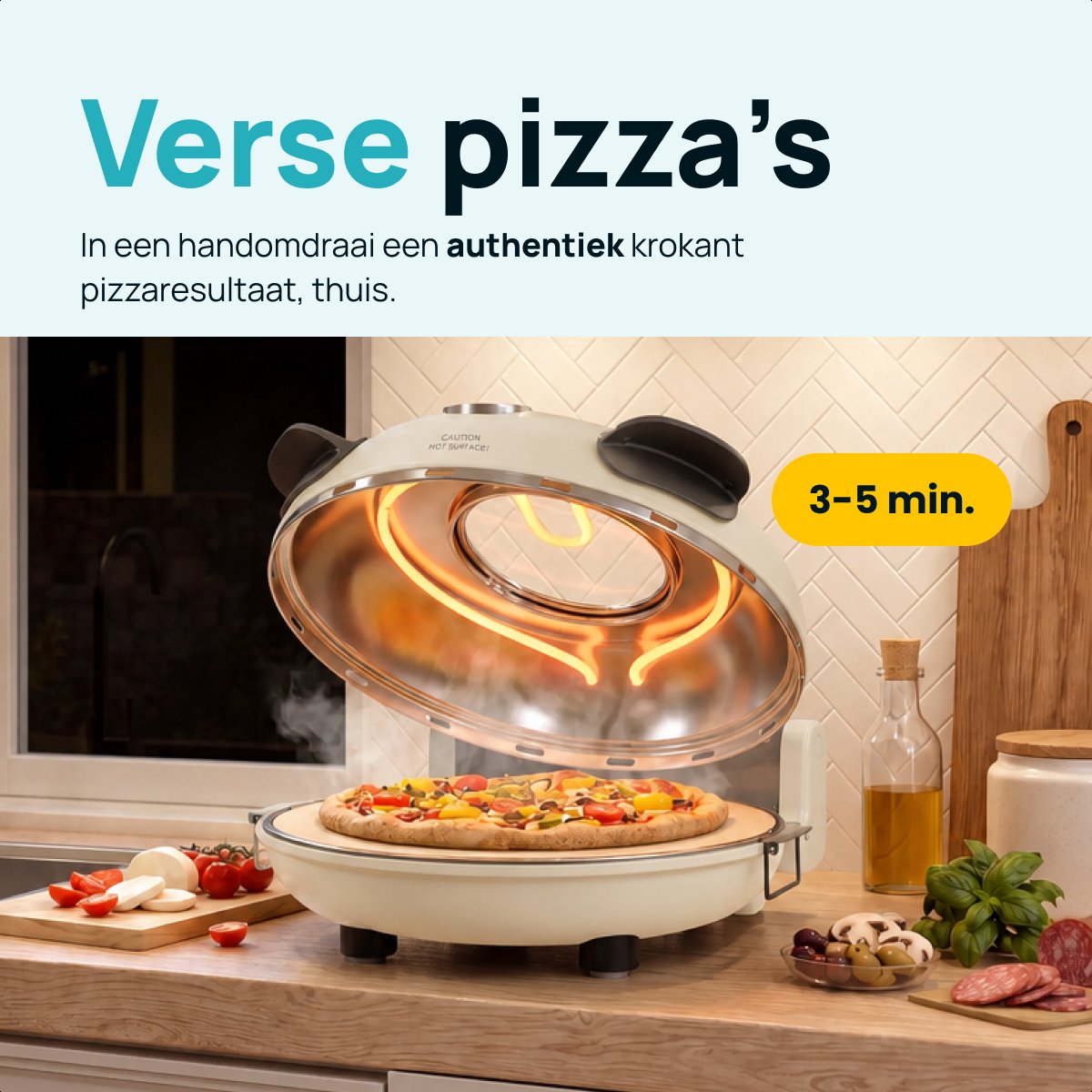 MOA Elektrische Pizzaoven - Tot 400°C - Boven- en Onderwarmte - Met Bamboeschep - Pizza Oven - 30,5 cm Pizzasteen - Beige – foto 6