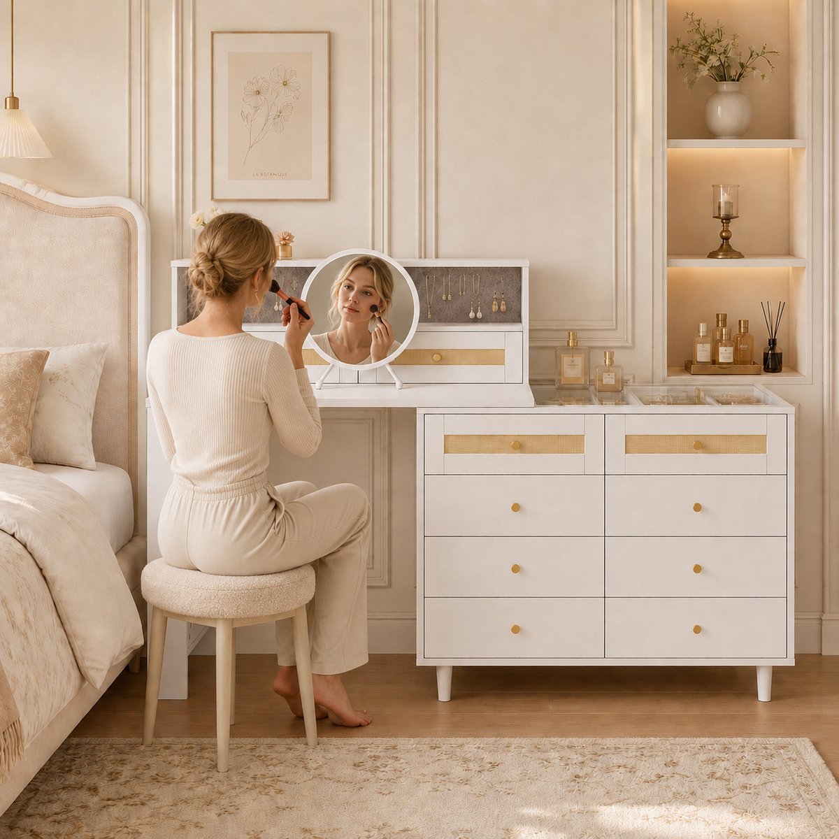 MIVRAY Kaptafel - Met Spiegel, Sieradenkast En 10 Laden - Flexibel Voor Slaapkamer En Kleedkamer - MDF - 105x50x107,5 Cm - Wit