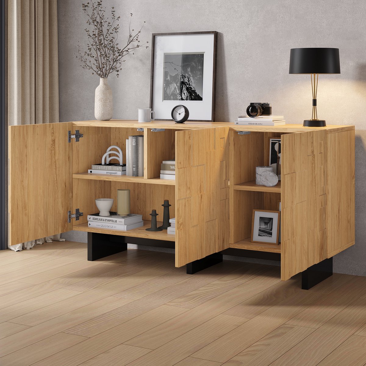 MIVRAY Dressoir - Drie Deuren Met Drukopening - Vijf Opbergvakken Voor Diverse Ruimtes - MDF En Spaanplaat - 140x40x70 Cm - Naturel