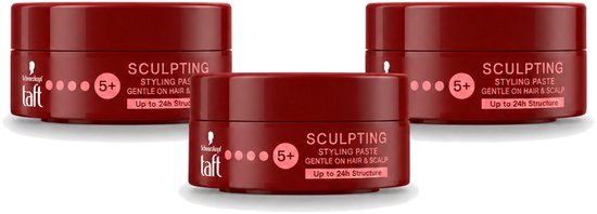 Drie potjes Taft Sculpting Styling Paste met Taft logo, '5+' en 'Up to 24h Structure' op bordeauxrode potjes.