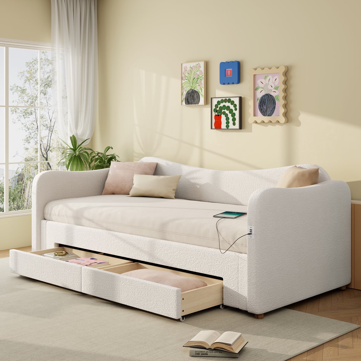 WUVRIE Slaapbank 90x200 cm, uitschuifbaar tot 180x200 cm met 2 lades en USB/USB-C, beige bouclé