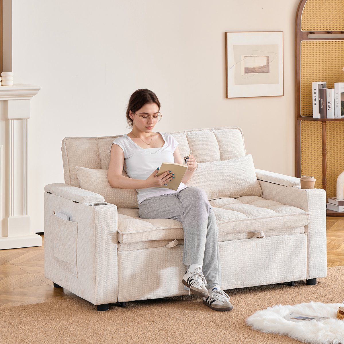 OKWISH Slaapbank 142 Cm - 3-In-1 Met Ligfunctie, Opbergruimte En Bekerhouders - Woonkamer Of Logeerkamer - Chenille - Beige