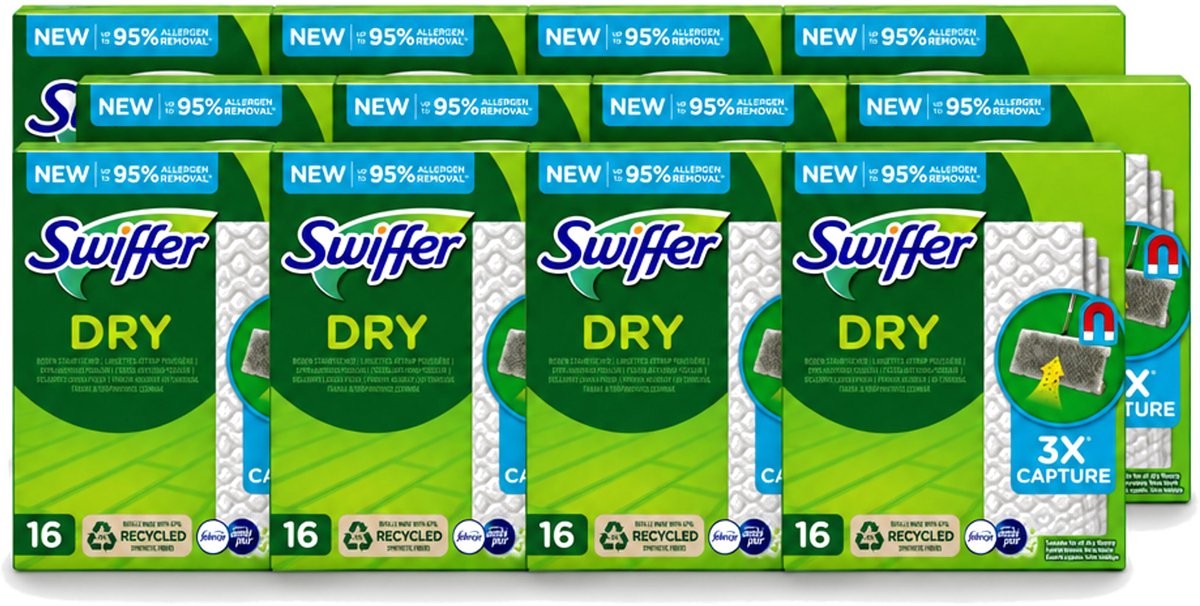 12 x Swiffer – Vloerdoekjes – Dry Navullingen – 16 doekjes - Voordeelverpakking - 12 stuks