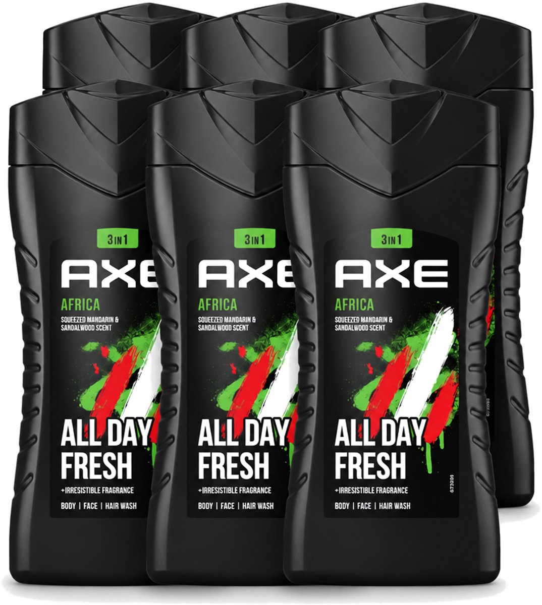 6 x Axe - 3-in-1 Douchegel - Africa - Squeezed Mandarin & Sandalwood - 12hrs Long Lasting Scent - 250 ml - Voordeelverpakking - 6 stuks