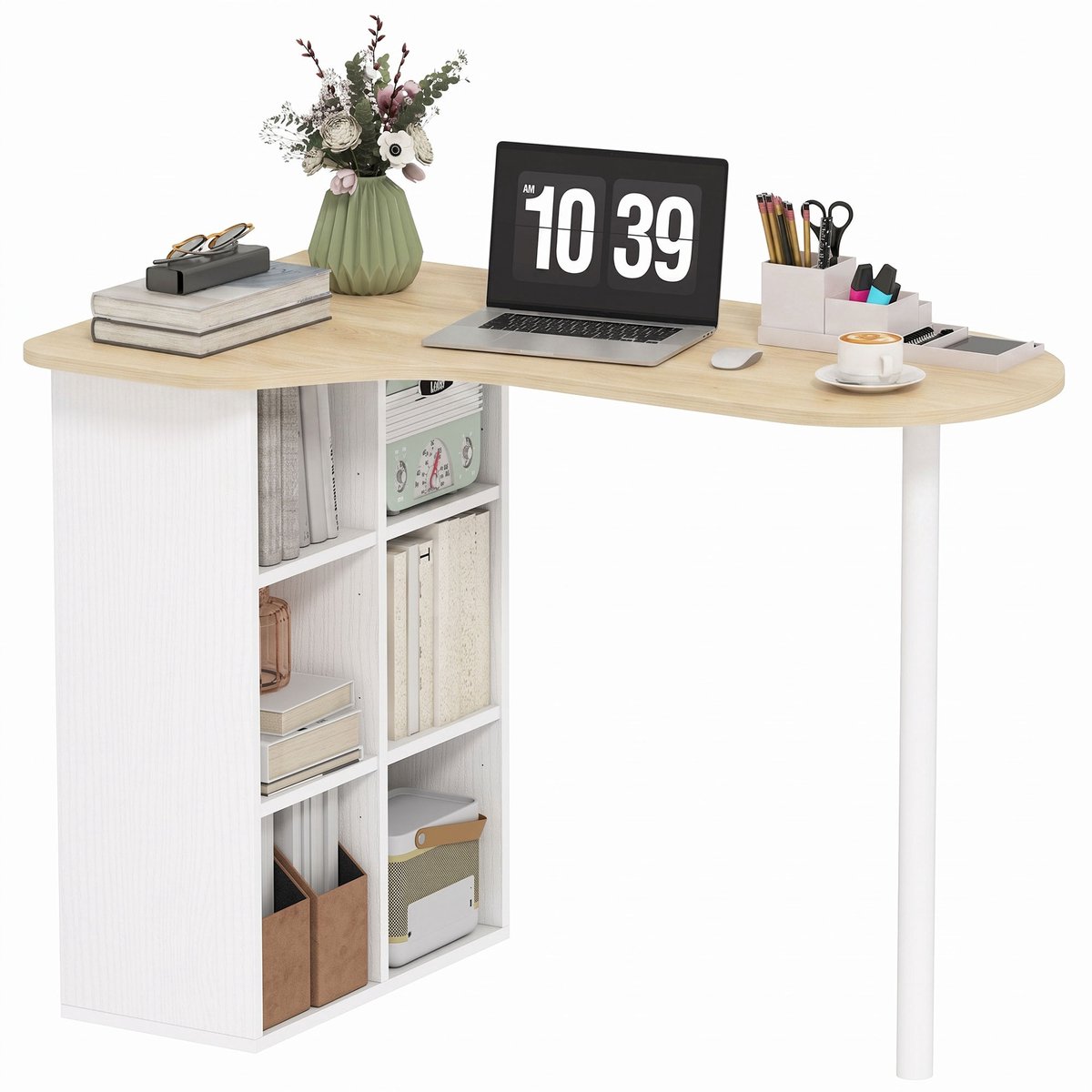 Ropilly Computertafel 100x59 cm - Eiken Bureau met 6 Verstelbare Planken - Asymmetrisch Hoekdesign - MDF en Stalen Frame - Thuiskantoor