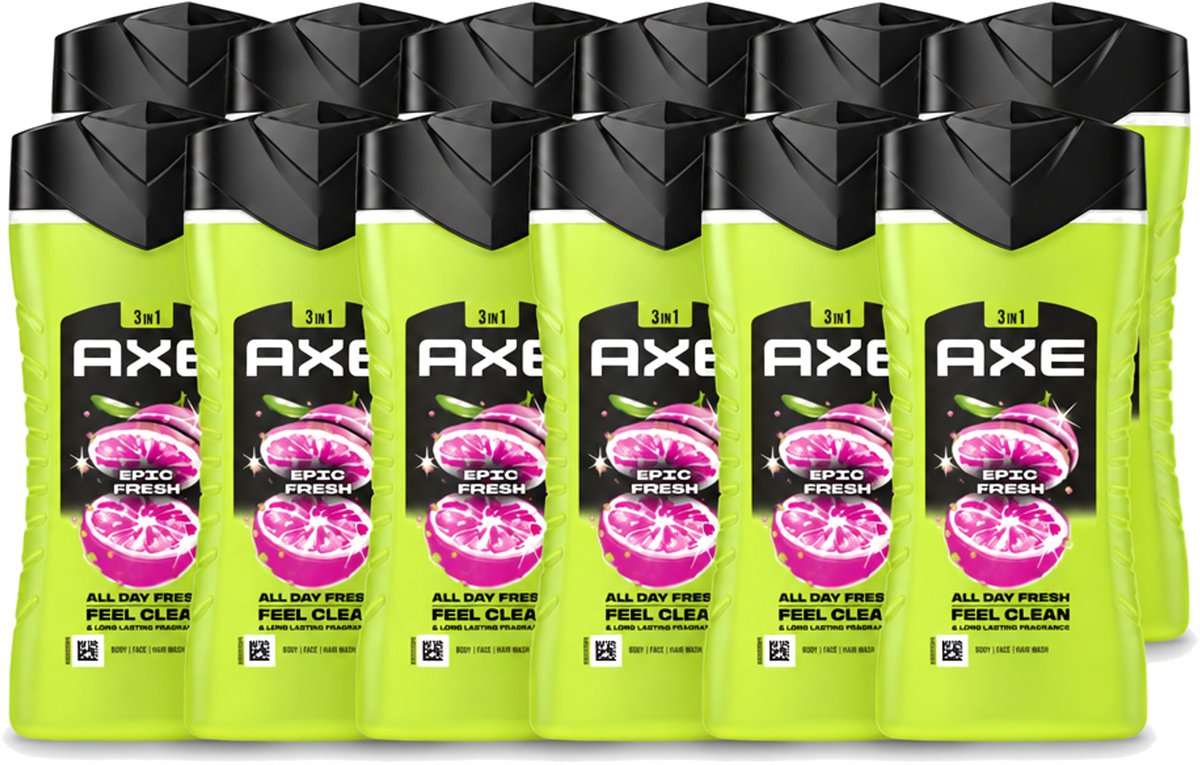 12 x Axe - 3-in-1 Douchegel - Epic Fresh - Grapefruit & Tropical Pineapple - Fresh Boost - 250 ml - Voordeelverpakking - 12 stuks