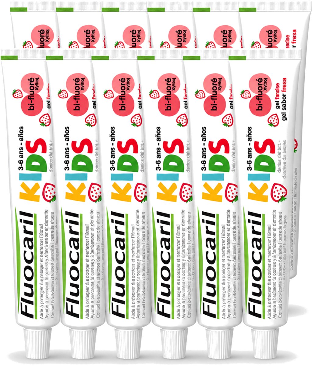 12 x Fluocaril Kids - Bi-Fluoride - Tandpasta - Met Aardbeiensmaak - 3 tot 6 jaar - 50 ml - Voordeelverpakking - 12 stuks