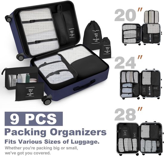 Organizers voor Koffers, 9-delige Set Inpak Cubes, Compressie Tassen voor Backpack, Reisaccessoires voor Kleding en Schoenenopslag — afbeelding 5