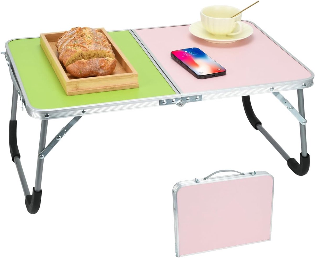 Multifunctionele Vouwtafel voor Laptop en Eten, Ideaal voor Bed, Bank en Buitenactiviteiten, Lichtgewicht en Handig voor Kamperen en Picknicken (Roze-Groen)