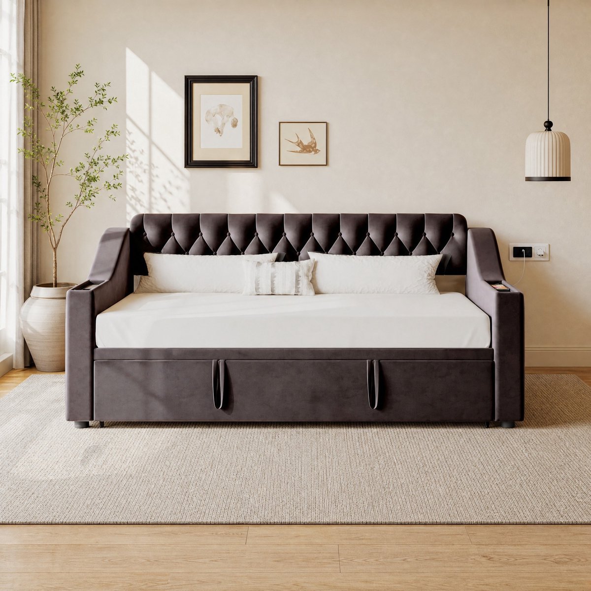 WUVRIE Slaapbank 90x190/180x190 cm met USB, armleuningopberging en lattenbodem, donkergrijs
