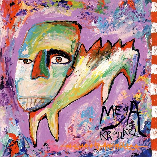 Abstract schilderij met paarse achtergrond en een groen/wit gezicht met rode neus. Tekst: MEGA KRONKEL.