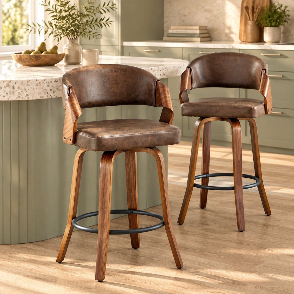 REDOM Barstoel set van 2 - Met rugleuning - Gewatteerde kunstleren zitting - Houten onderstel met metalen voetring - Retro stijl - Bruin - 51 x 42 x 95 cm