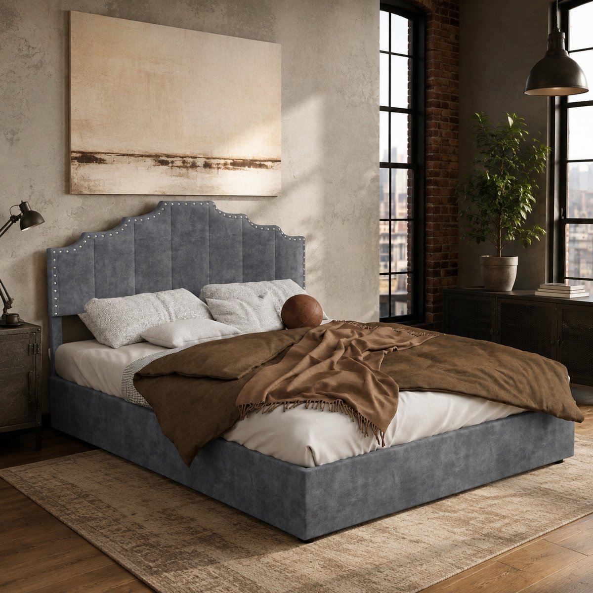 WUVRIE Gestoffeerd opbergbed 140x200 cm met gasveer, lattenbodem en grijs hoofdbord