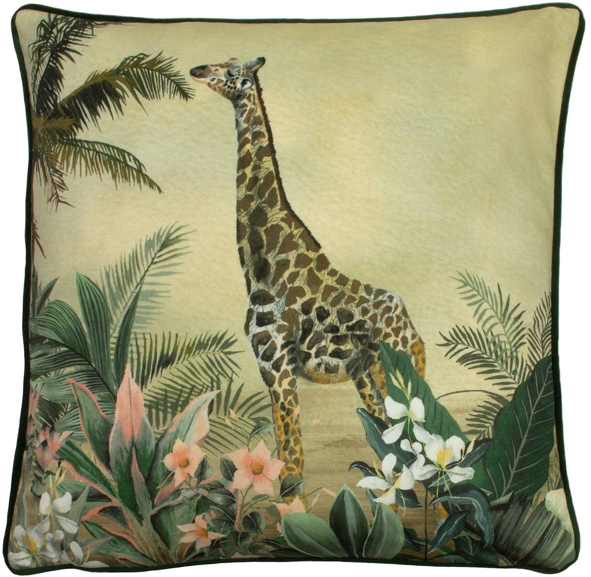 SnelShoppen - Manyara Kussenhoes Giraffe 43x43 cm - Pluche Fluweel - Tropische Decoratie - Groene Achterkant - Perfect voor Woonkamer, Slaapkamer of K
