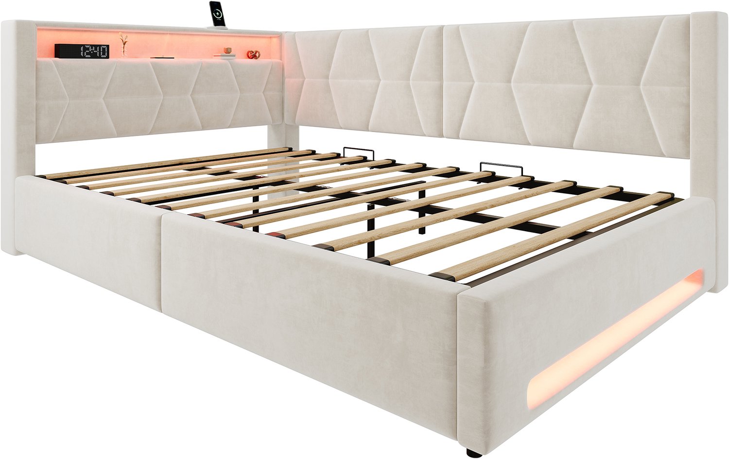 MUVANO Opbergbed 140 x 200 cm - Beige fluwelen bed - Bed met ledverlichting aan hoofd- en voetbord - Hydraulische bedkist - 210 x 148,5 x 83 cm - Voor slaapkamer