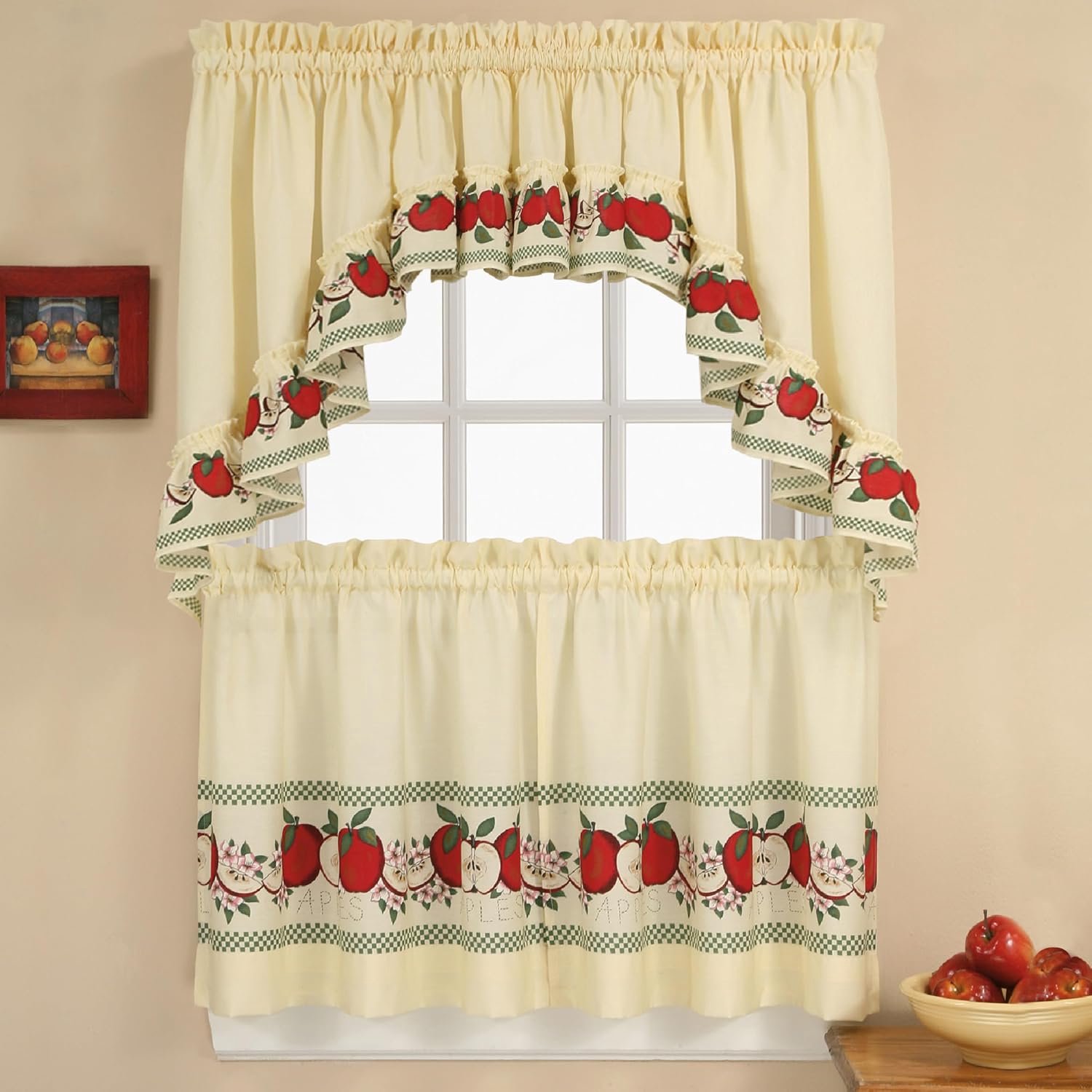 Raamgordijn Tier Set 56-Inch X 24-Inch - Ivoor met rode appels en groene gingham - Onderhoudsvriendelijk en wasbaar - ServiceTopper