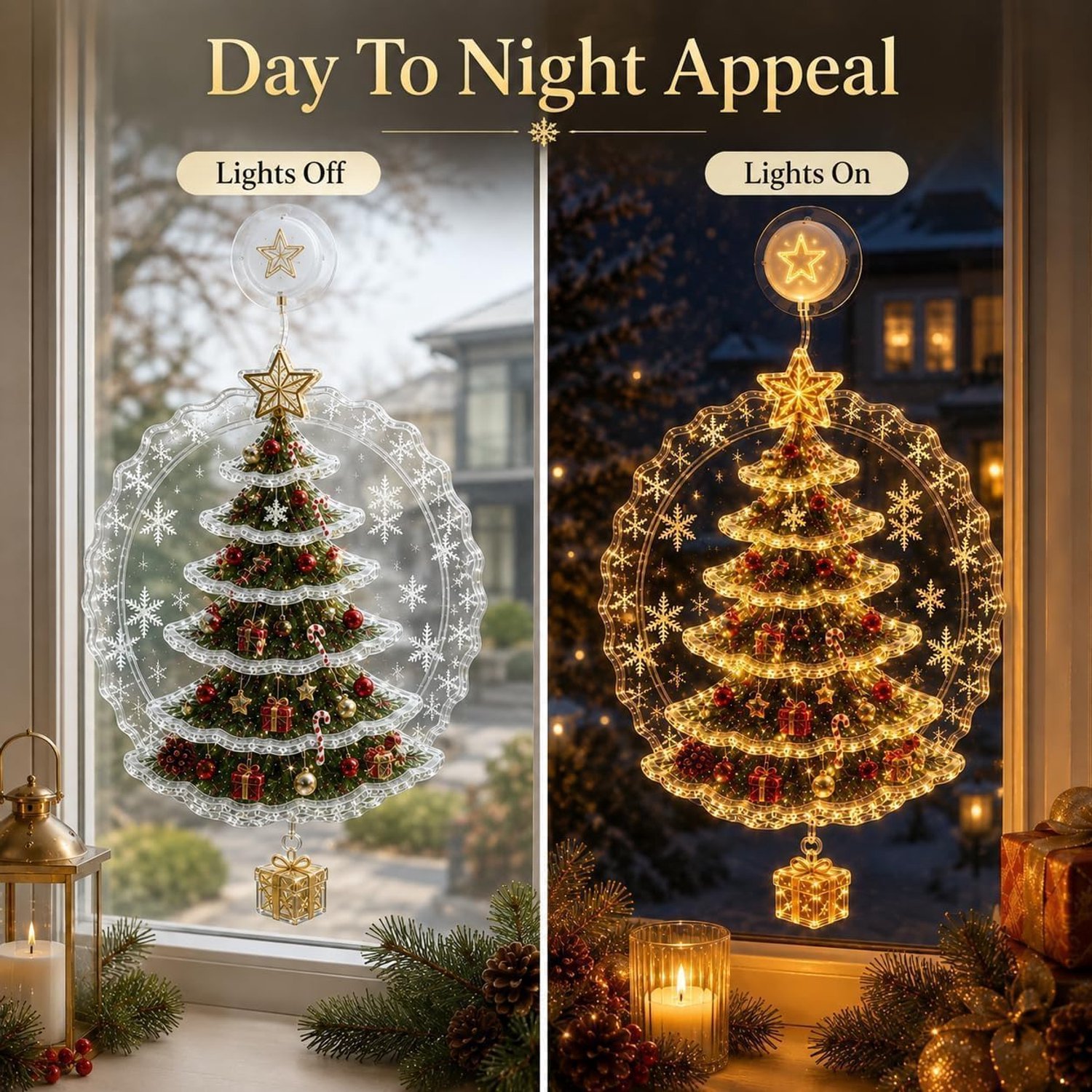 5×3D-kerstraamverlichting - Kerstversiering - Led - Kerstornamenten - Kerstthema - Ontwerp met zuignap - Geschikt voor kerstdiners, familiebijeenkomsten en feestjes tijdens de feestdagen - Feestelijke sfeer - Creatieve hangende versieringen – foto 2