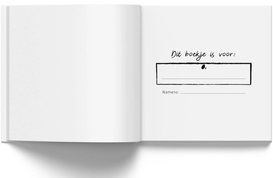 Pagina met de tekst "Dit boekje is voor:" boven een rechthoekig vak en de tekst "Namens:", beide met schrijflijnen.