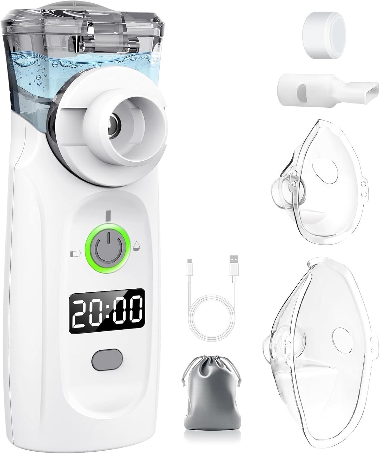 Inhalator met USB-oplaadbare, timer en display, masker en mondstuk voor kinderen en volwassenen.