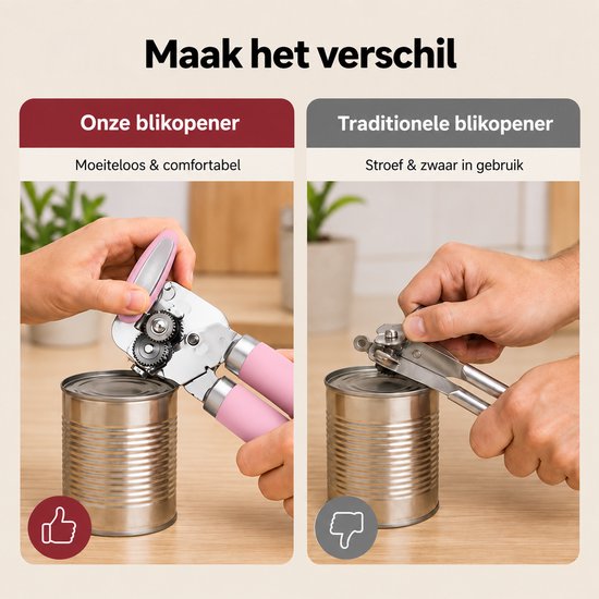 Vergelijking van een comfortabele roze blikopener versus een traditionele metalen blikopener.