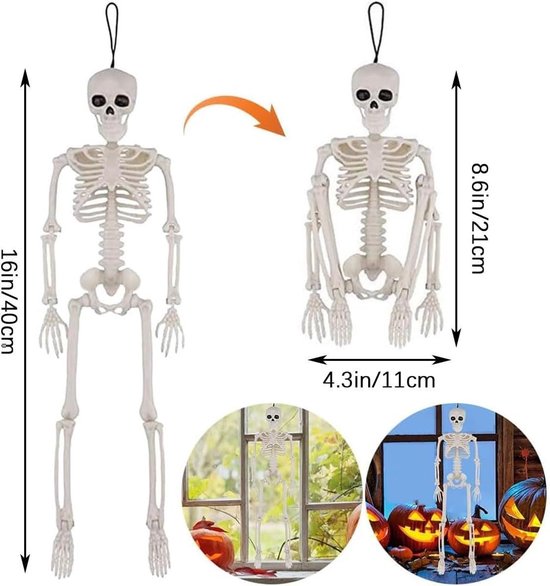 Vergelijkende diagrammen met afmetingen van een flexibel skeletornament: 40 cm lang, 21 cm hoog en 11 cm breed.