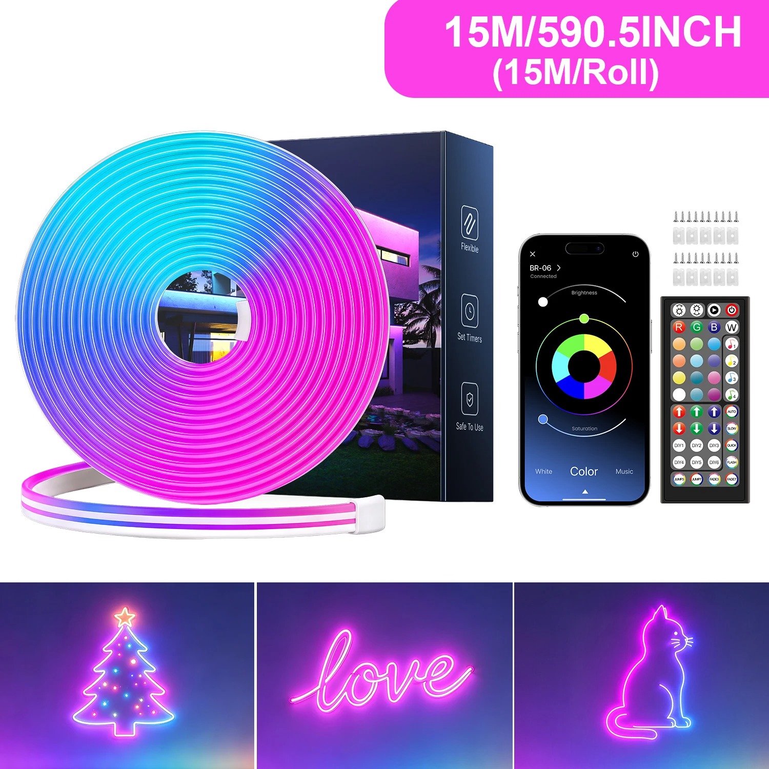 Marqs Rgb Led strip - Neon - Sfeerverlichting binnen - Verlichting - Binnen en buiten - 15 Meter - App - Afstandbediening