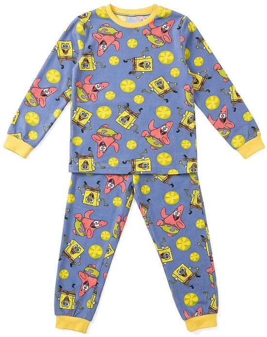 Blauwe pyjamaset met all-over Spongebob en Patrick print, gele boorden en ronde hals.