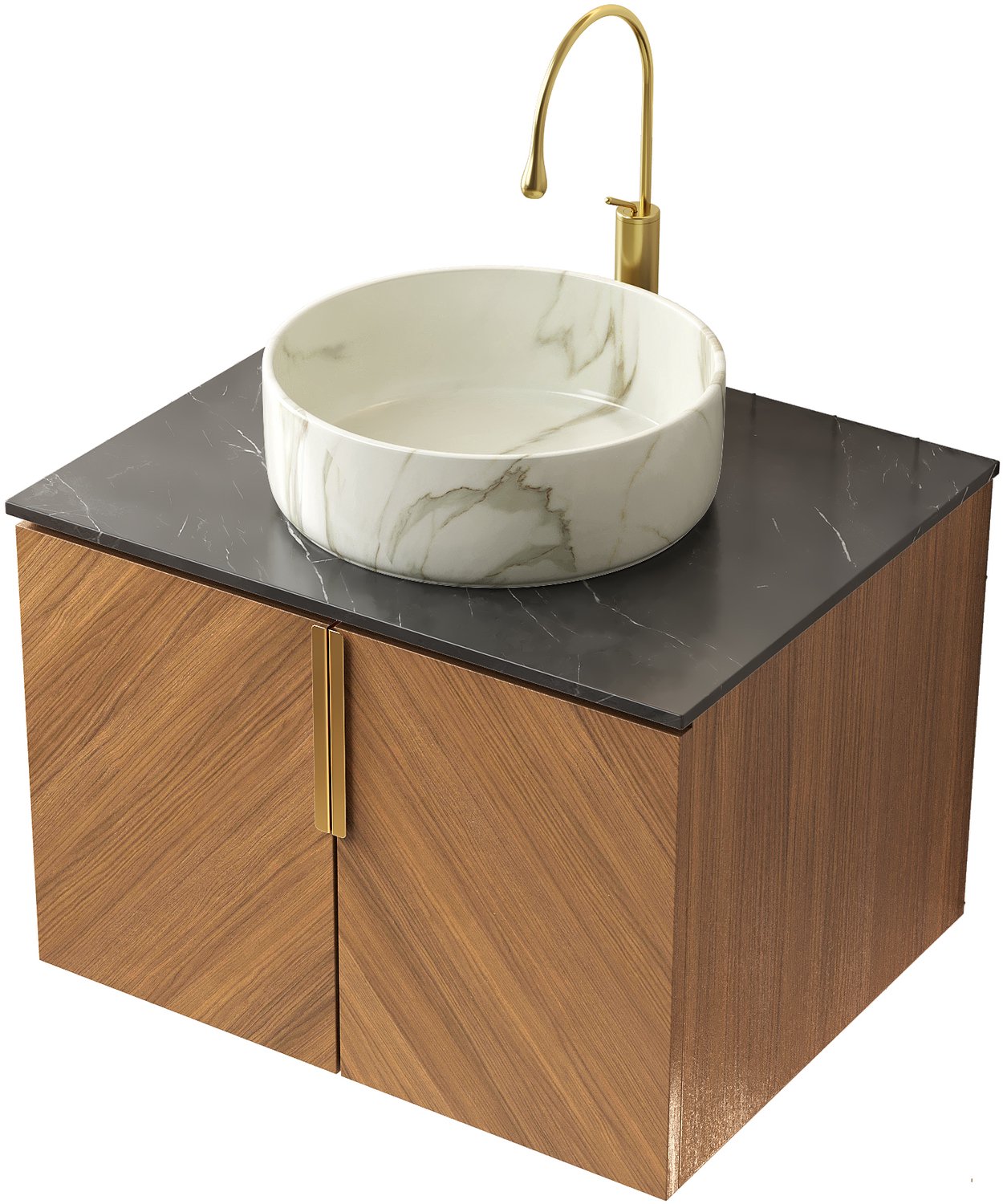 Wastafelmeubel - Hangend Badkamermeubel 61 x 50 x 53,1 cm - Met 2 Deuren En Ronde Keramische Wastafel Met Steenpatroon - Eikenlook