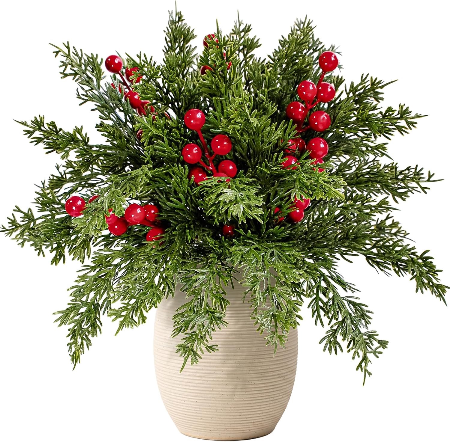 30 Stuks Kunstkersttakken met Rode Bessen - 25 cm - Buigbare Kunst Pijntakken - Voor Kerstkrans, Slinger, Vaas en Tafeldecoratie