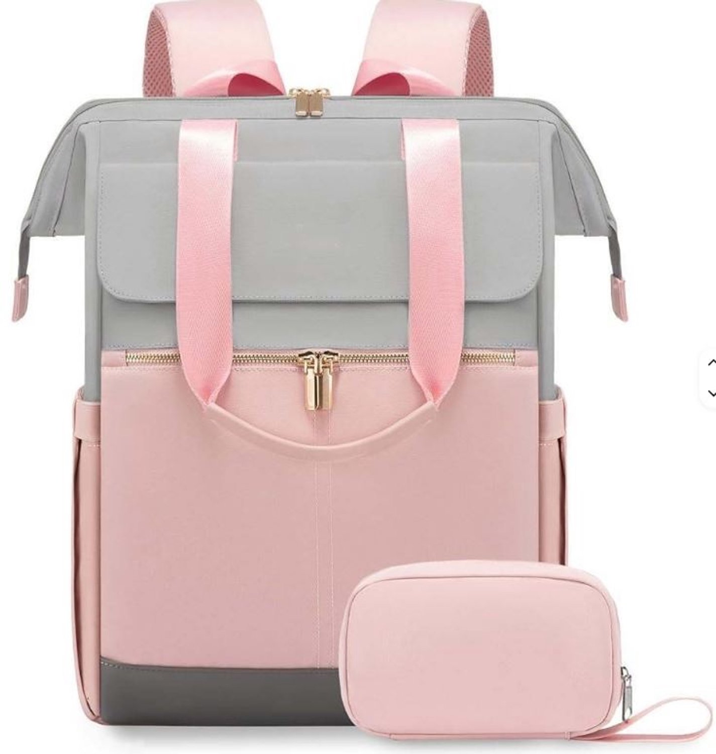 Sjtoer® Rugzak met tasje - Schooltas - Handbagage vliegtuig - Laptop - Roze/Grijs - Laptoptas - 15.6 inch - Waterbestendig - Rugtas voor dames/heren- Portemonnee - 2-delige set - Perfect Cadeau