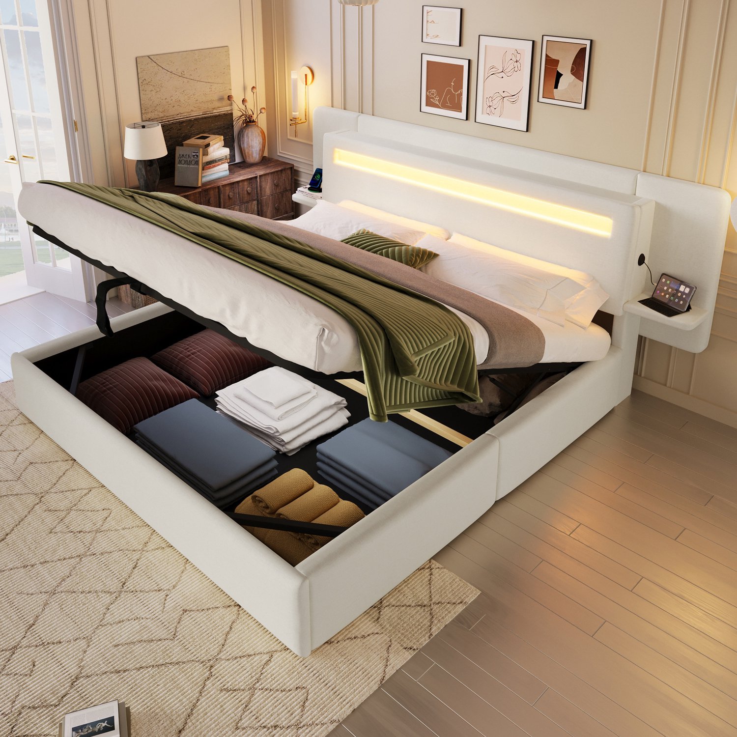 HAUSS SPOLE Gestoffeerd Bed 180x200 cm - Hydraulische Opbergruimte - Veelkleurige Verlichting en Nachtkastje met Usb - Zonder Matras - Linnen - Beige