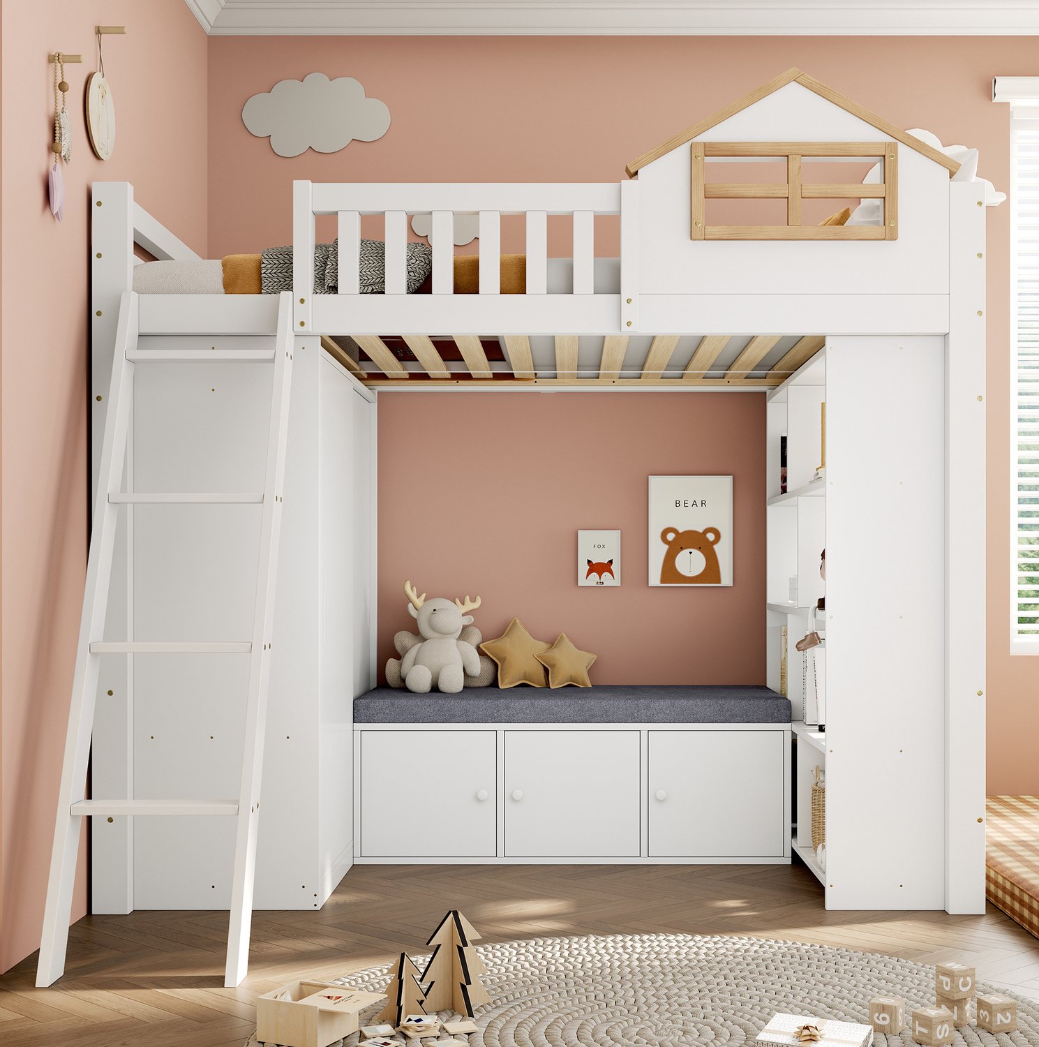 HAUSS SPOLE Halfhoogslaper 90x200 cm - Kinderbed met Huisvorm en Ladder - Kledingkast, Rekken en Zitbank - Zonder Matras - Hout en MDF - Wit en Naturel