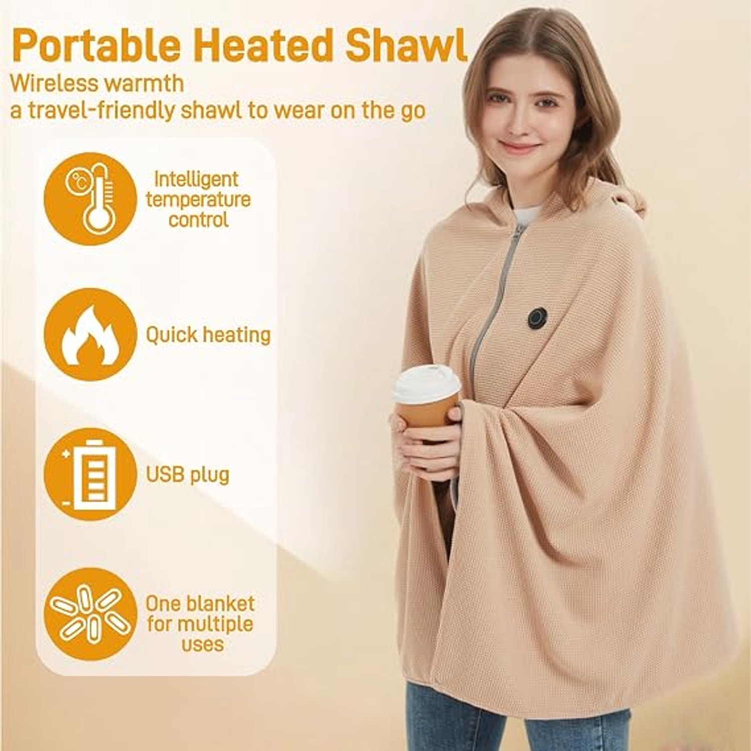 Elektrische deken - 150x80cm - Hoodie Deken - 3 Standen - Oplaadbare elektrische deken - elektrisch deken - Dames Verwarmde Schoudermantel - verwarmde deken - USB-oplaadbaar - Cape-Warmtedeken Oplaadbaar - voor kantoor, bank, reizen en kamperen – foto 4