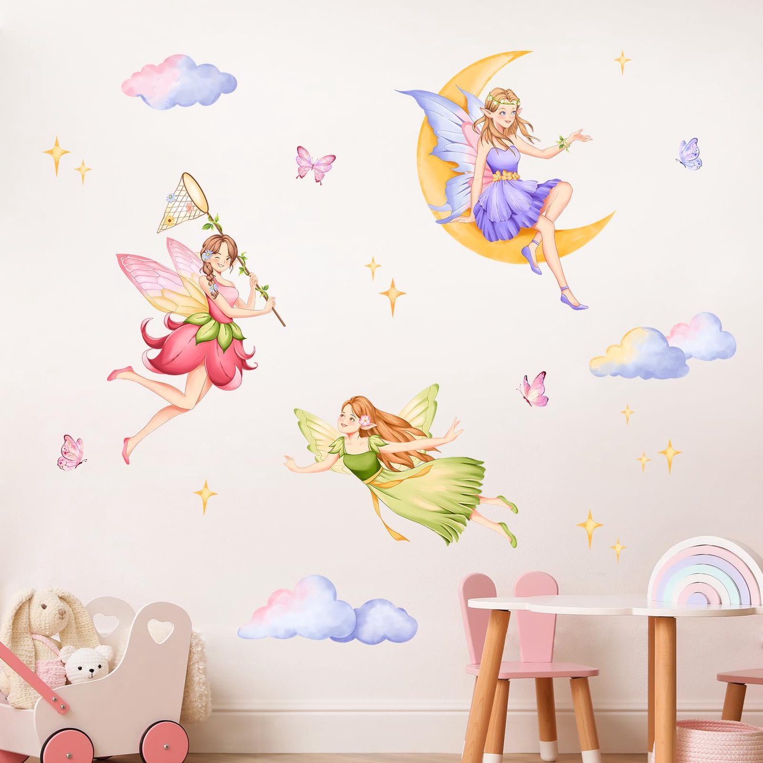 Bloemen Fee Wandstickers - Maan en Wolken Decor voor Kinderen