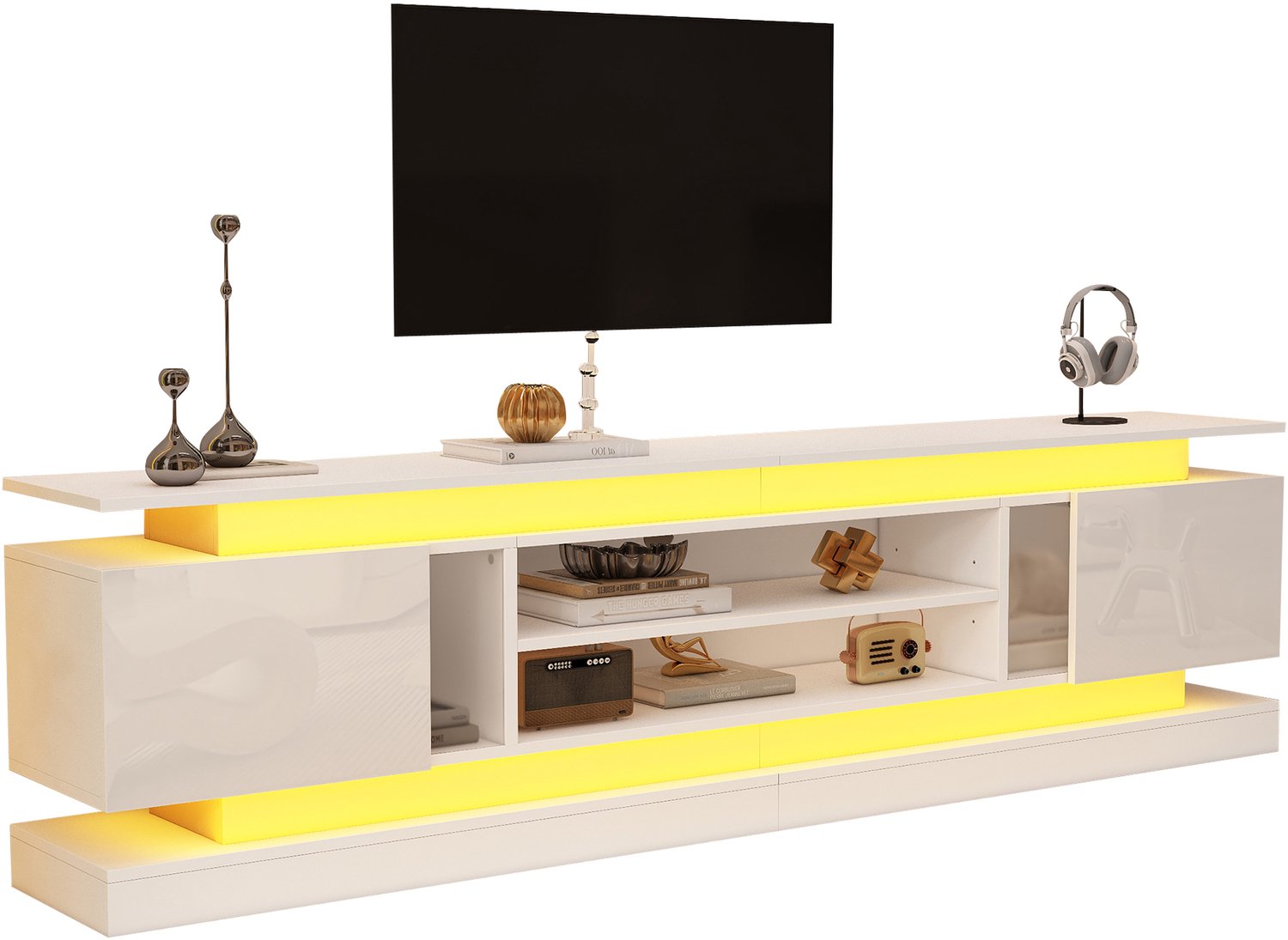 REDOM Tv-meubel 180 x 35 x 60 cm - 2 deuren, verstelbare plank en Bluetooth LED-verlichting - Wit hoogglans