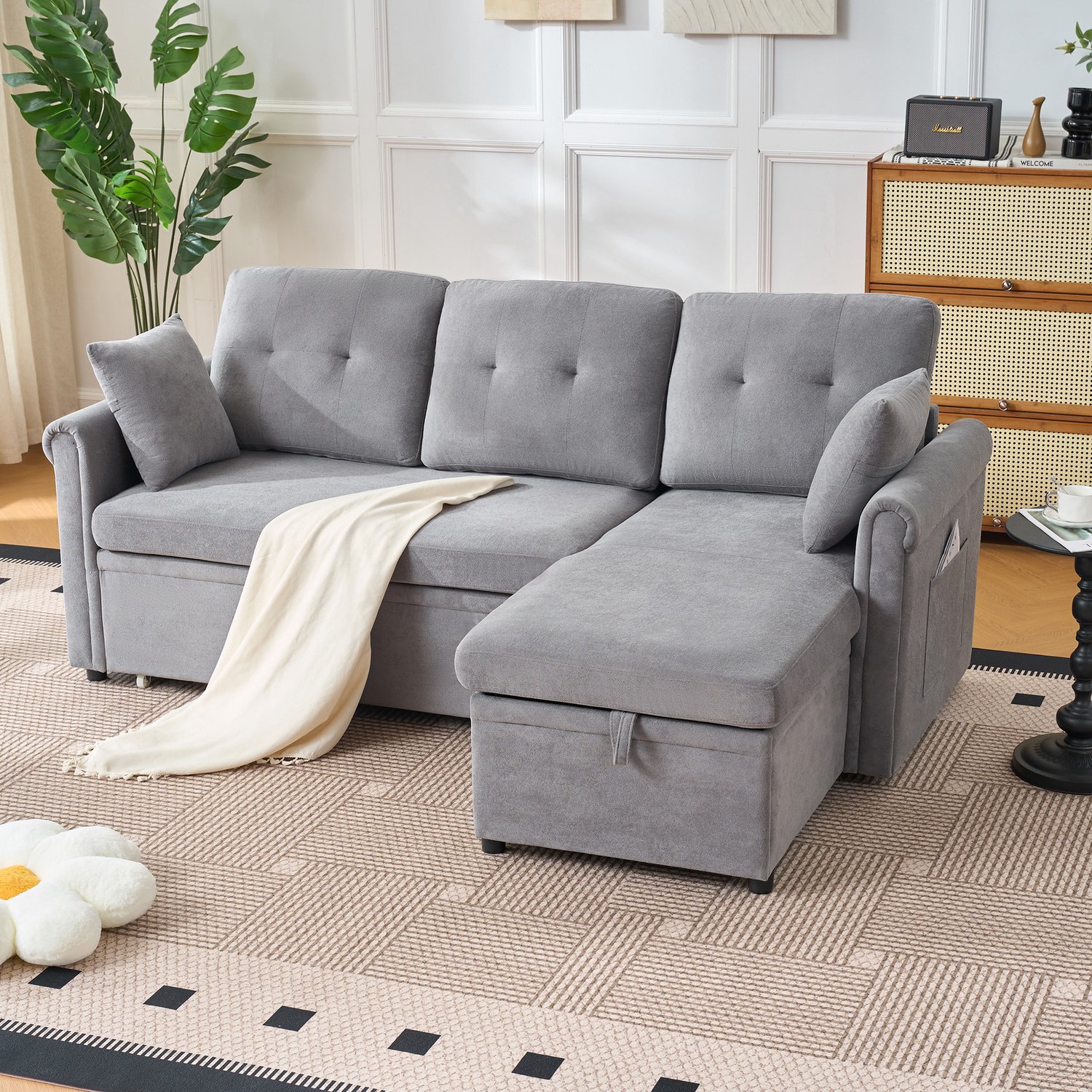MEUNIQ Hoekbank met slaapfunctie en opbergruimte, 206 x 130 x 85 cm, chaise longue links of rechts te monteren, chenille, grijs