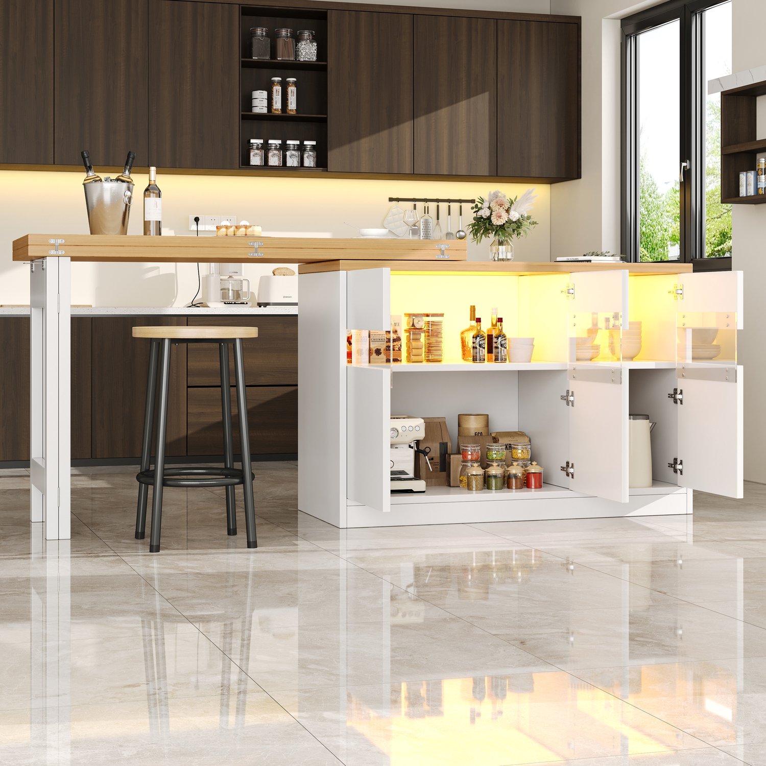 MEUNIQ uitschuifbare bartafel 120–180 x 40 x 71,5 cm met ledverlichting, glazen deuren en opbergruimte voor eetkamer en woonkamer, naturel en wit Wit en naturel houtkleur