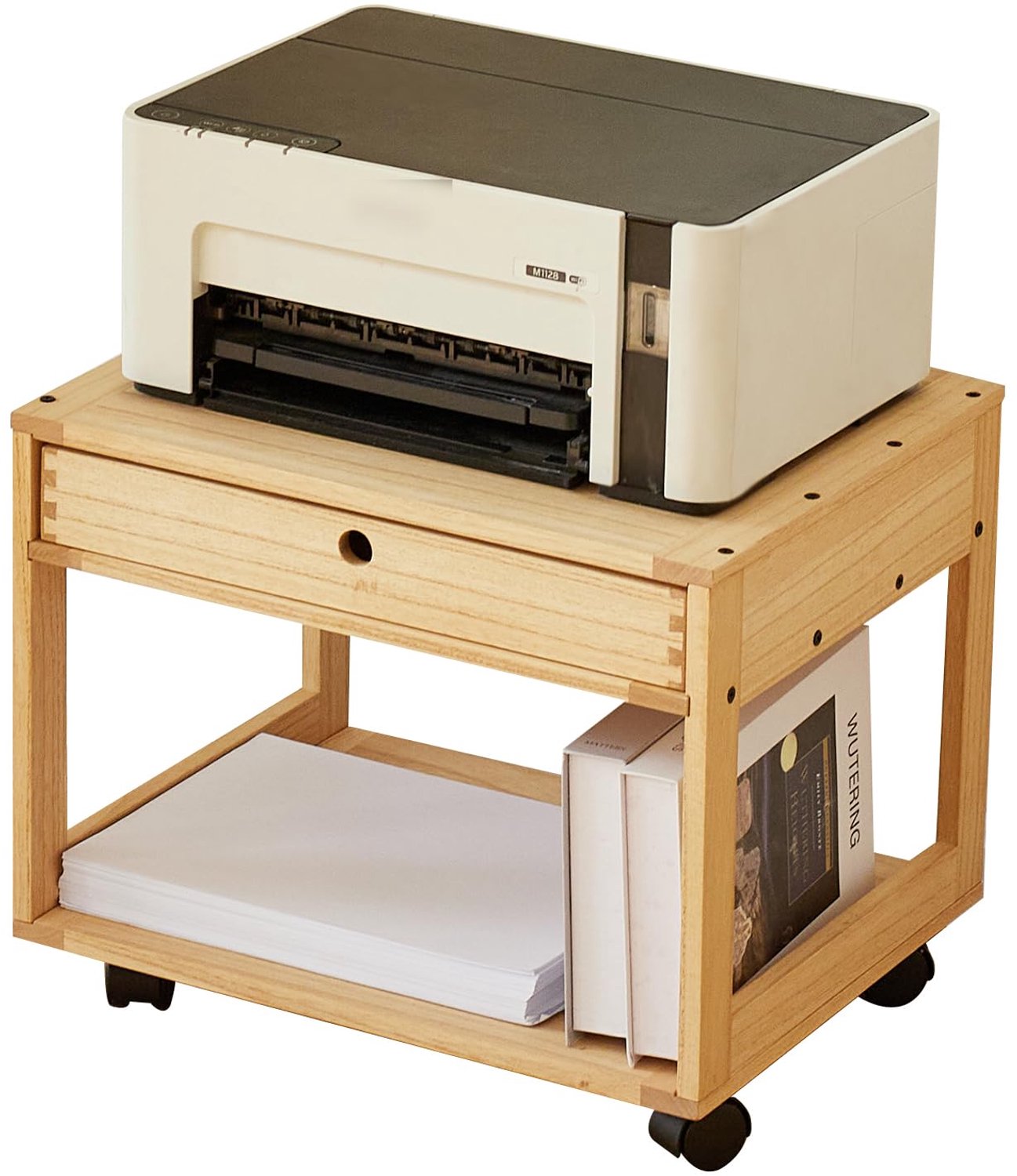 Houten Printer Rek met Lade en Wielen, Mobiele Printerstandaard