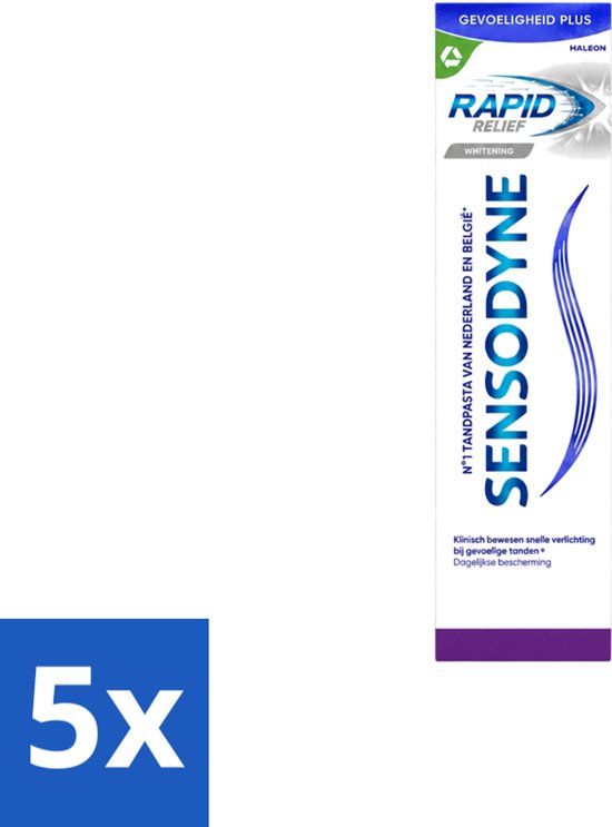 Vijf verpakkingen Sensodyne Rapid Relief Whitening tandpasta voor gevoelige tanden in een wit-blauwe tube.