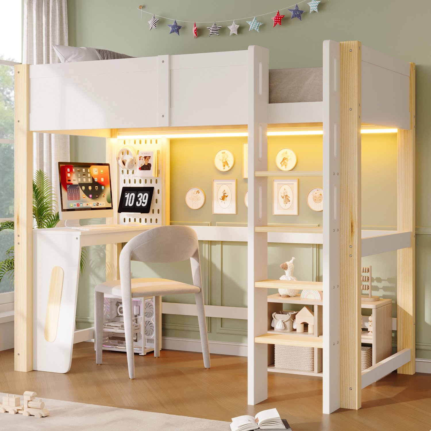 HAUSS SPOLE Hoogslaper 90x200 cm - Met Bureau en Gatenbord - Ledverlichting en Uitvalbeveiliging voor Kinderkamer - Zonder Matras - Hout en Mdf - Wit en Naturel