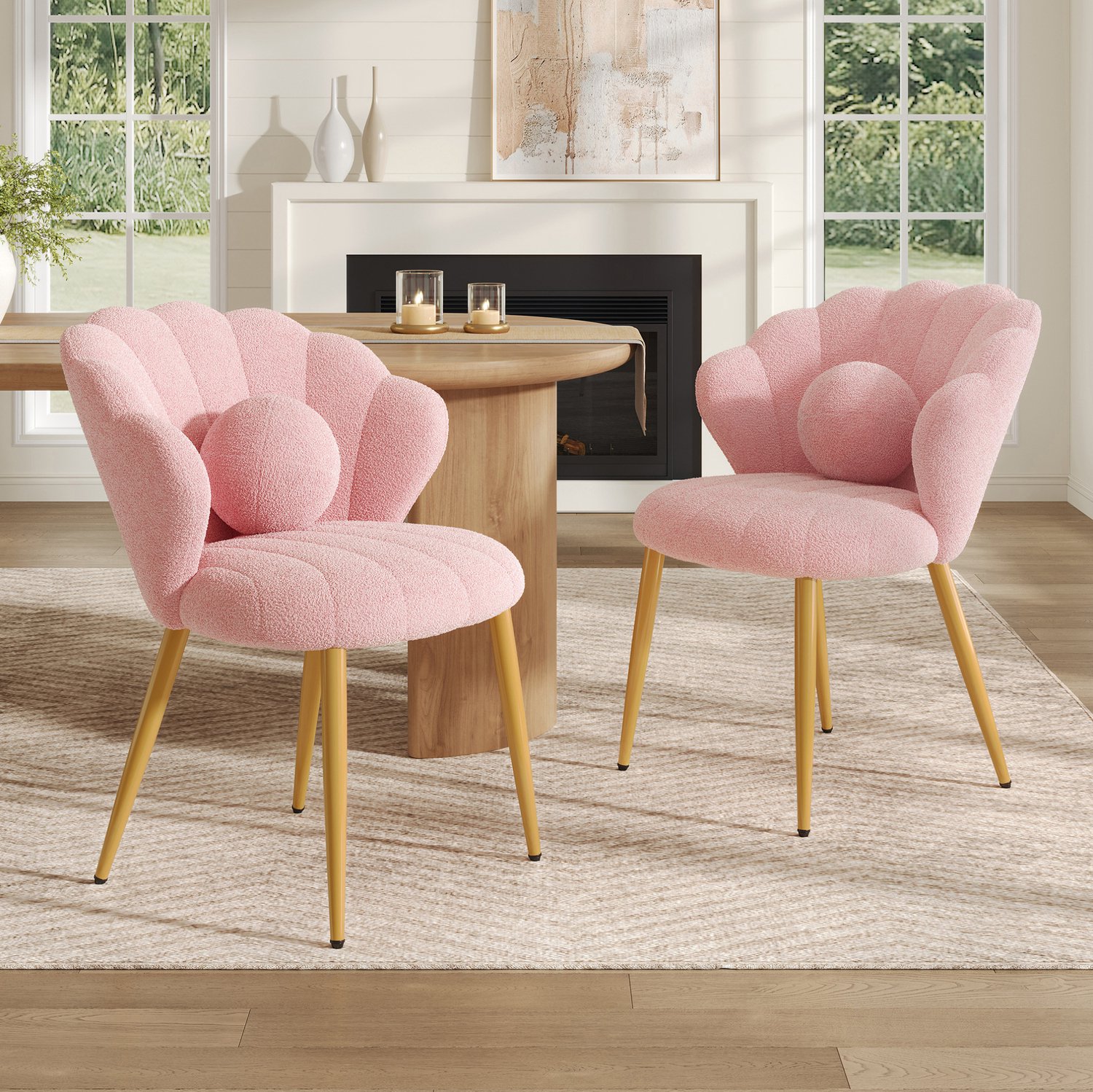 HAUSS SPOLE Eetkamerstoelen - Set van 2 - Schelpvormige Kuipstoelen met Kussens - Voor Eetkamer en Kaptafel - Teddystof en Metaal - Roze