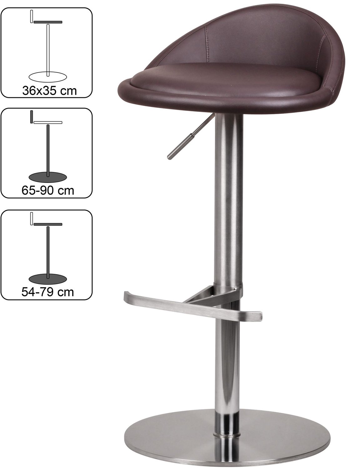 Cosmo Casa Barkruk – Verstelbare Barstoel - Rugleuning en Voetensteun – 360° Draaibaar – Kunstleer – RVS – Zithoogte 54-79 cm - Bruin