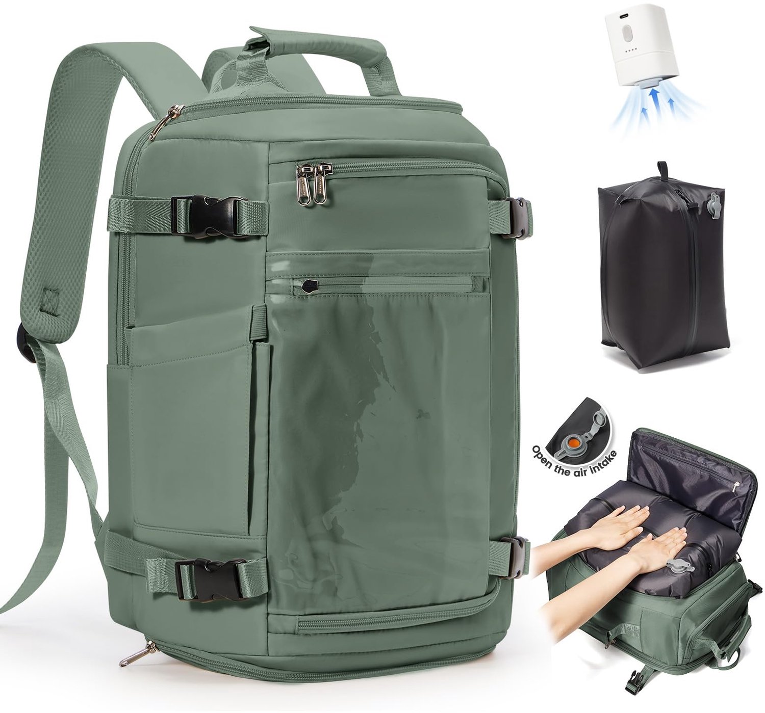Olijfgroene Vacuum Rugzak met Pomp - Ideaal voor Reizen en Handbagage