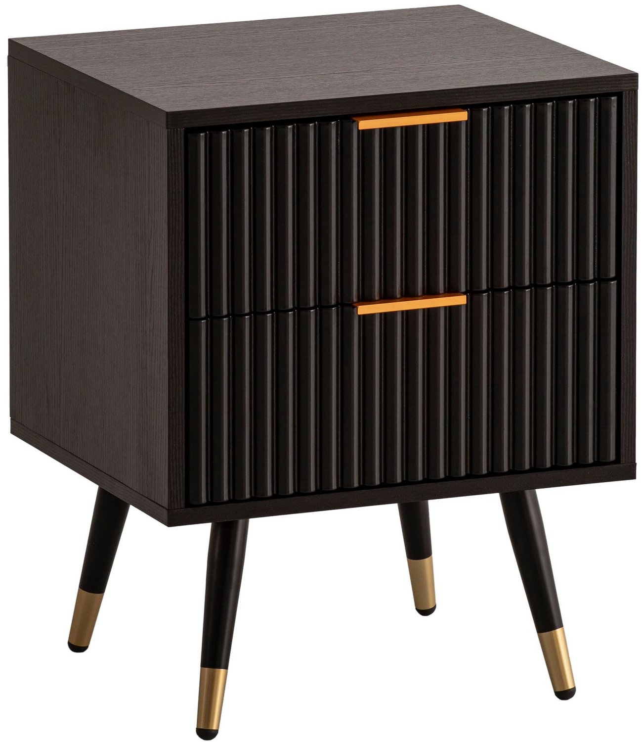 Cosmo Casa Nachtkastje - Bijzettafel met 2 Lades – Zwarte Eikenlook – Lamellenfronten – Goudkleurige Accenten – 43,5 x 39 x 56 cm