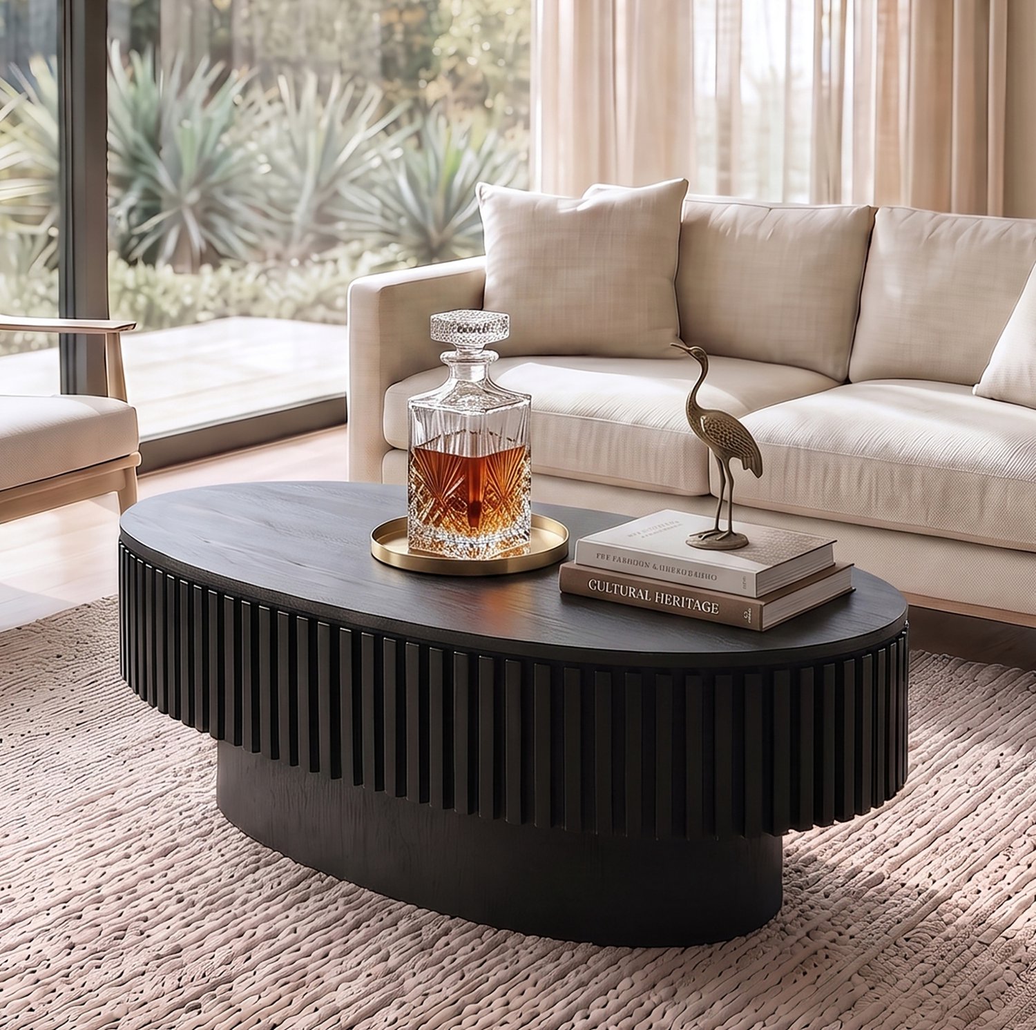 HAUSS SPOLE Salontafel - Ovaal met Verborgen Opbergruimte en Geribbeld Design - Voor Woonkamer en Slaapkamer - Mdf en Houtfineer - 98x60x35 Cm - Zwart