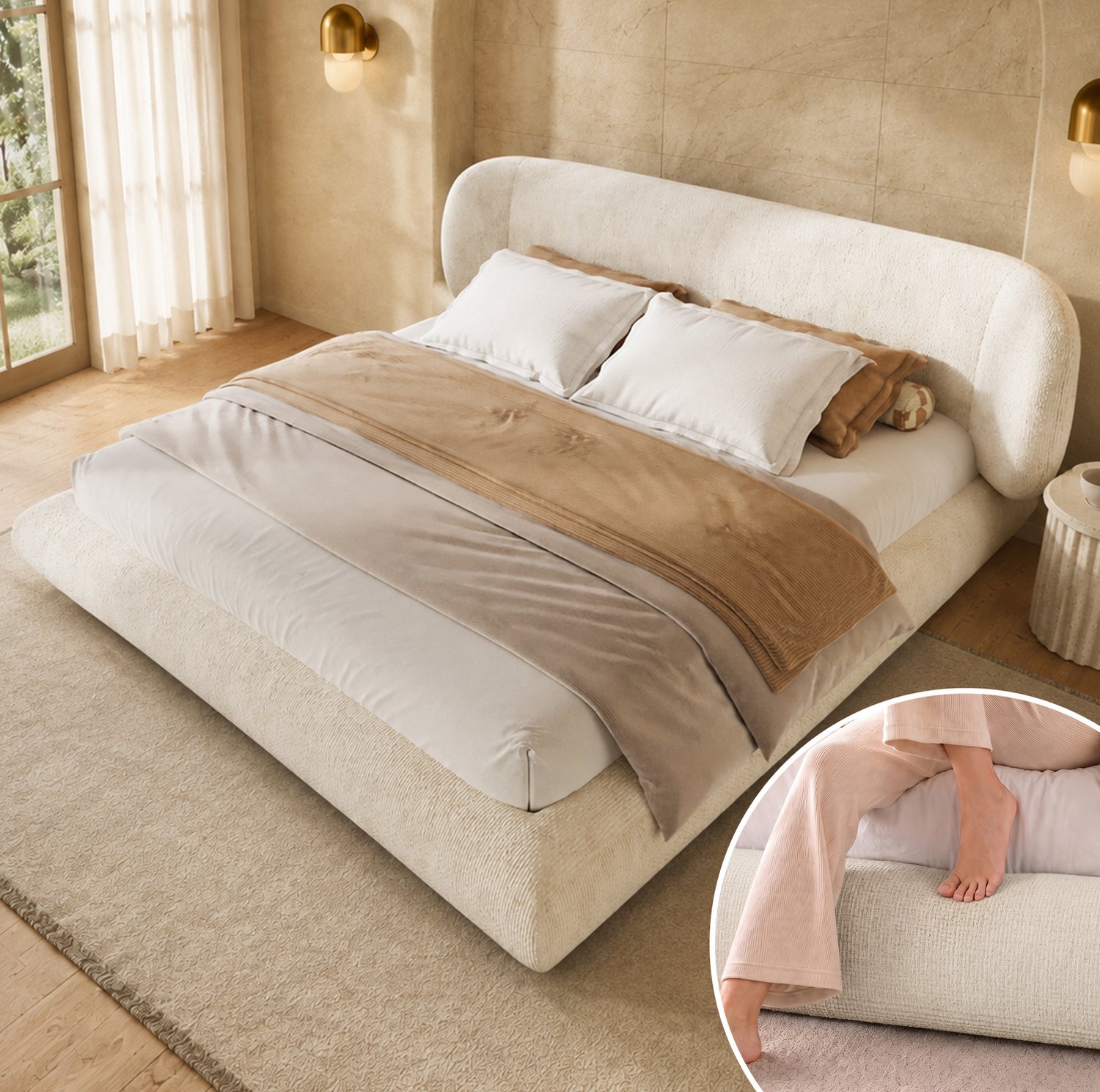 HAUSS SPOLE Gestoffeerd Bed 180x200 cm - Tweepersoonsbed met Hoofdbord en Lattenbodem - Zachte Chenille en Afgeronde Hoeken - Zonder Matras - Beige