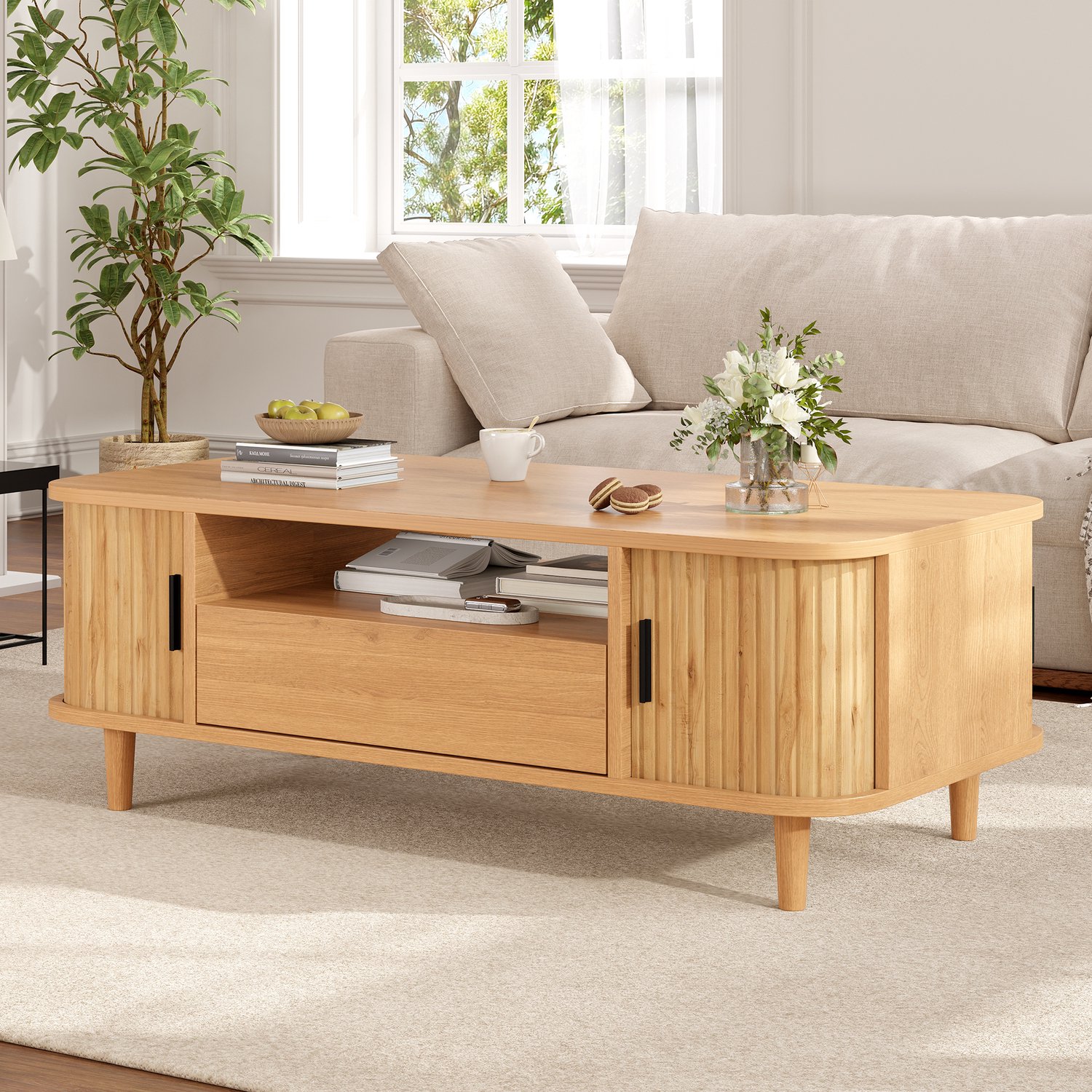 HAUSS SPOLE Salontafel - Met Lade, Twee Roldeuren En Open Vak - Voor Woonkamer - Mdf, Spaanplaat En Hout - Naturel Houtkleur - 100x50x35 Cm