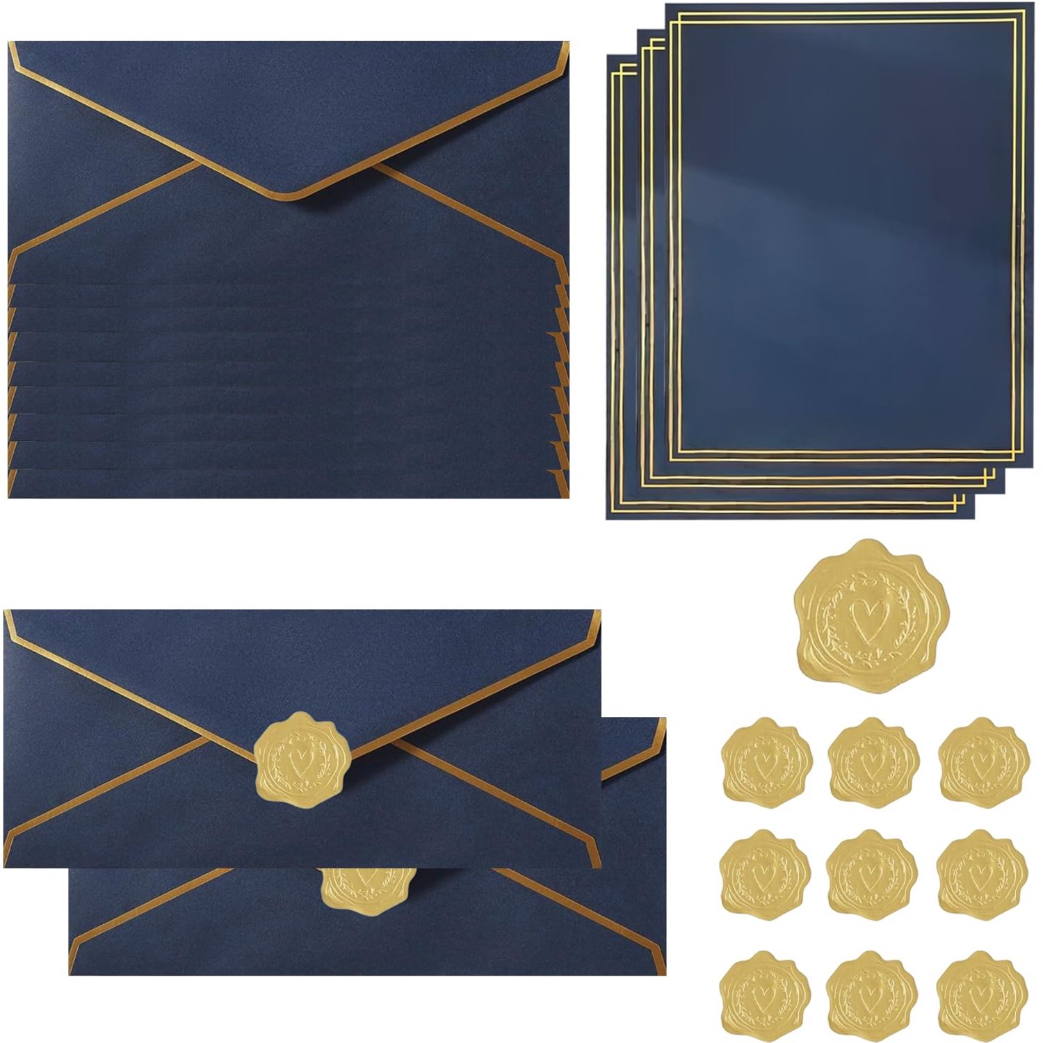 Set van 10 Donkerblauwe Uitnodigingsenveloppen met Briefpapier