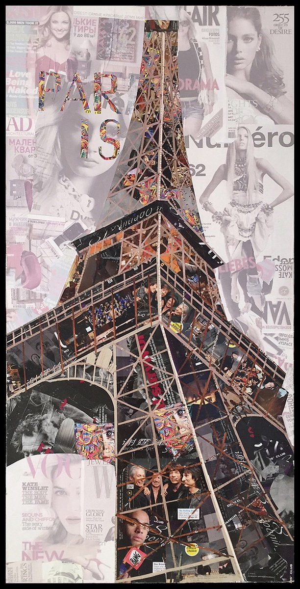 Padiro wanddecoratie 52 x 102 cm - meerkleurig - papier op canvas met lijst - collage Eiffeltoren I